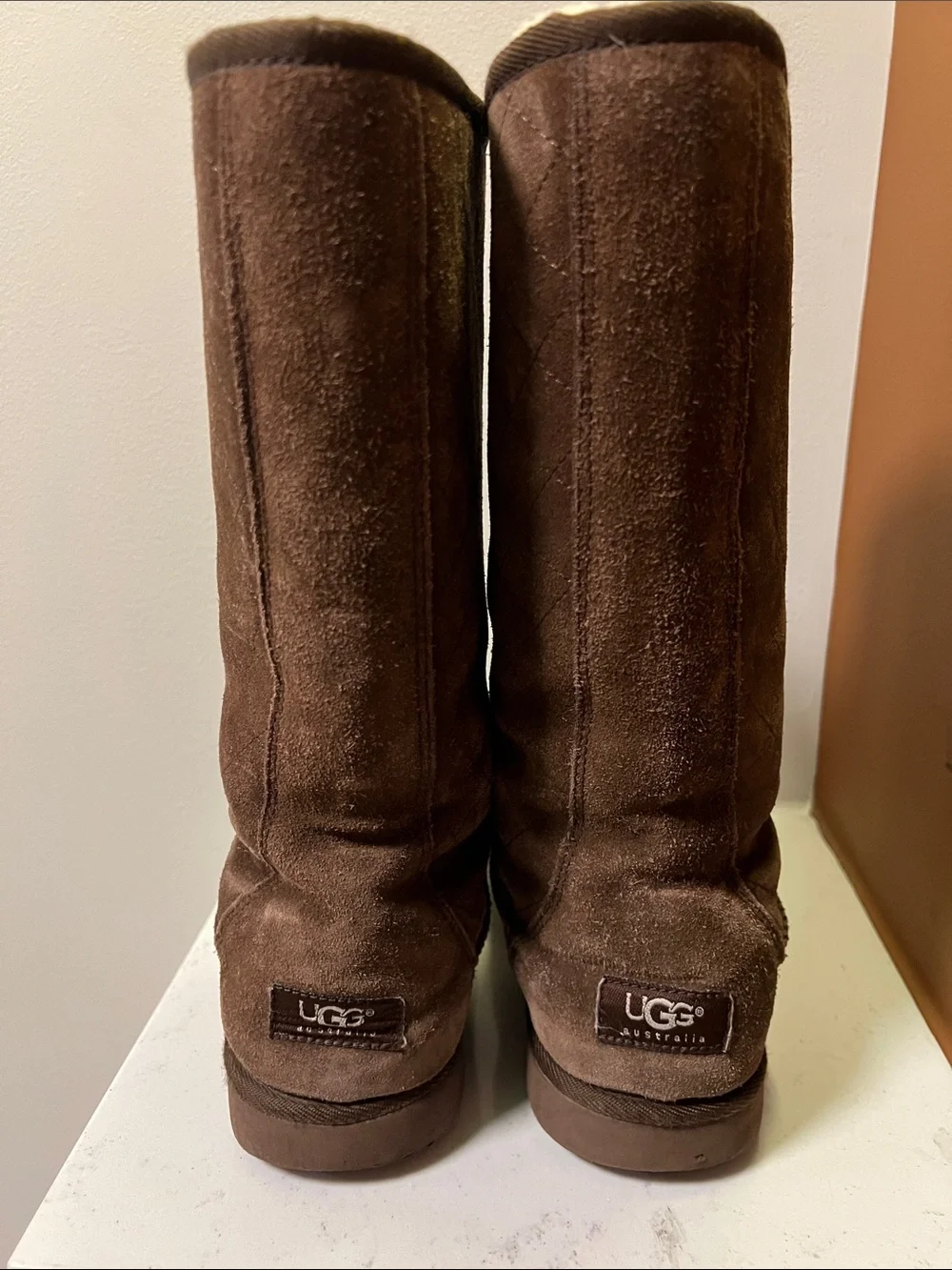 UGG Brown Suede Shearling-Lined Tall Boots with quilted stitching Size 6 Women's